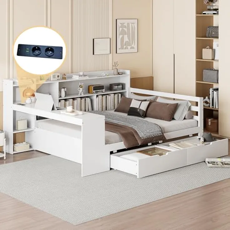 Ball & Cast Stauraumbett (140 * 200cm) mit Schublade, Schlafsofa mit Vielen Ablagefächern + Schreibtisch und USB-Anschlüssen, Einfach & Zeitsparend Montierbar, Weiß