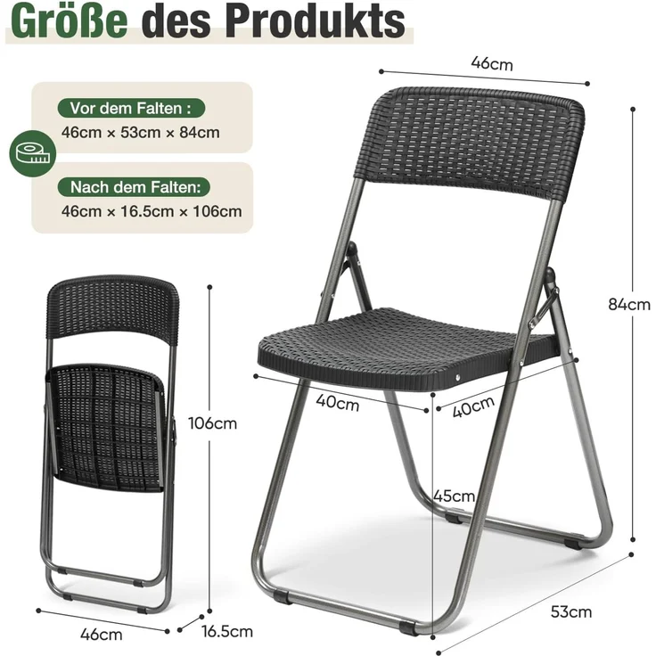 Sekey Rattan Gartenstuhl Klappbar, Campingstuhl Faltbar 200KG, 46 x 53 x 84 cm, Klappstuhl Camping Balkon Garten, 2er Gartenstühle Set Wasserdicht, Schwarz – Bild 3