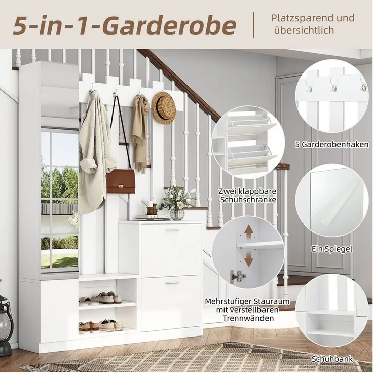HAUSS SPOLE Garderoben-Set mit Spiegel, Flurschrank, Hängeschrankregal, Schuhschränken Weiß, (Flurschrank, Hängeschrankregal, 1-St, 2 unteren Klapptüren-Schuhschränken + 2 Aufbewahrungsschränke)