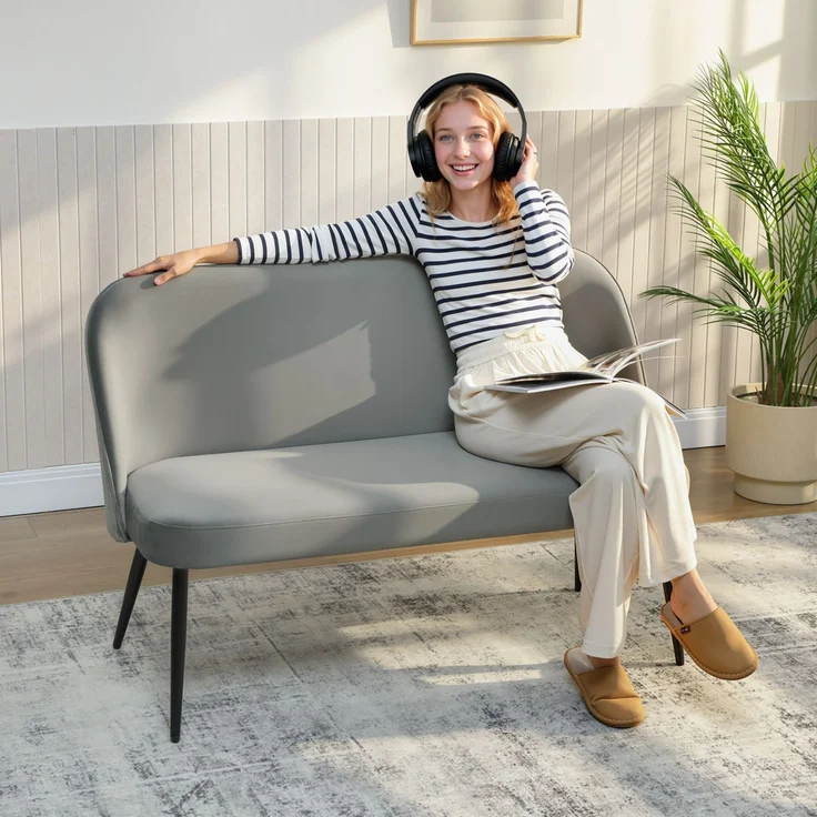 2-Sitzer-Sofa, moderne Polstercouch mit Metall- und Holzrahmen, samtartiger Stoffbezug, Grau--Grau--127x63x84.5cm--YOUDENOVA – Bild 3