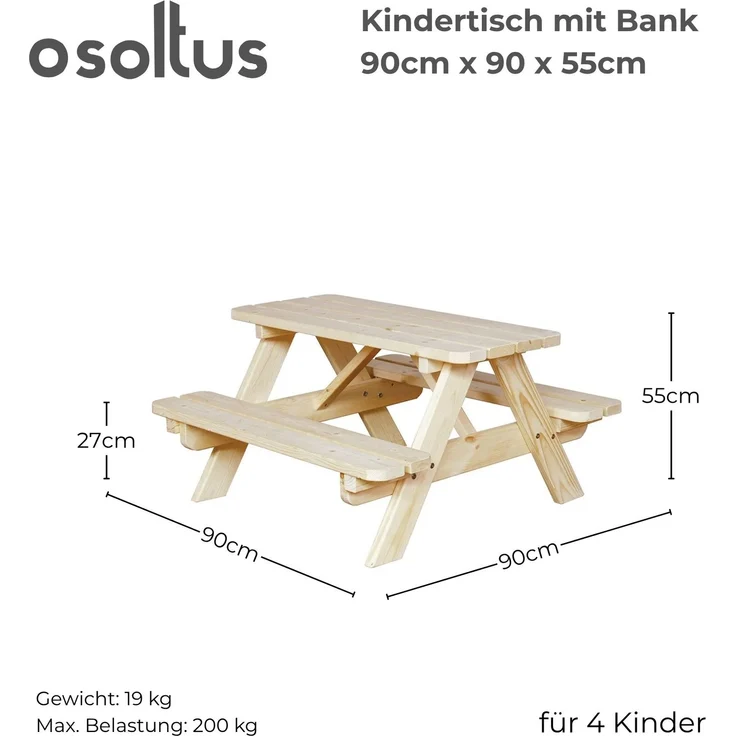 Picknicktisch Kinder Gartentisch Jimmy Kiefer Holz 90x85cm – Bild 3