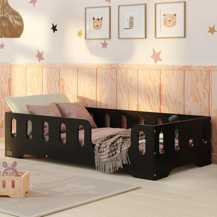 smartwood Kinderbett Bodenbett 100x200 mit Rausfallschutz & Lattenrost - Schwarz - Kinder Montessori Bett TILA 2P mit glatten Kanten - Betten für schnelle Montage - Bis 230 kg belastbar – Bild 1