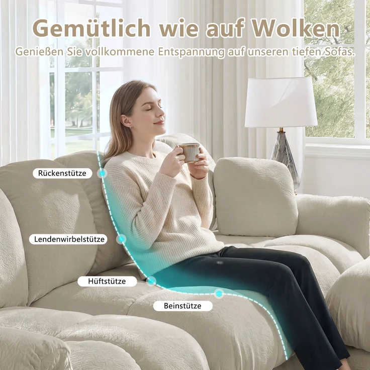 EINHOM 3-Sitze U-förmiges Cloud Sofa, inklusive mobiler Ottomane und 2 kleinen Dekokissen, Feines Steppdesign, Dicke Sitzkissen, Weich und Stützend, Einfach Aufzubauen, geeignet für das Wohnzimmer, Hellkhaki – Bild 7
