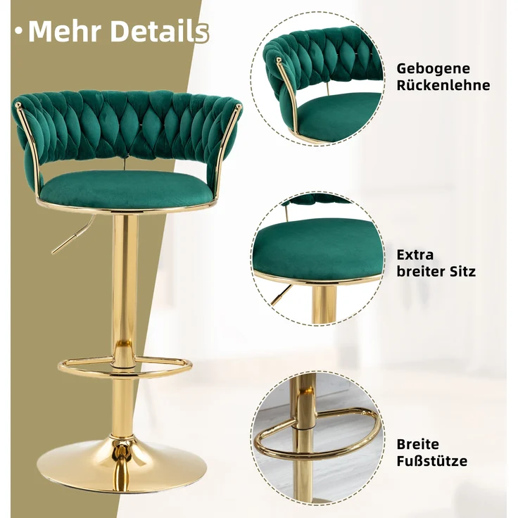 LVHOM Barhocker 2er Set, goldene Stuhlbeine, moderne Samt-Hochstuhl/Barstühle, mit runden Rückenlehne & Fußstütze, 360° drehbar, Höhenverstellbar – Bild 4