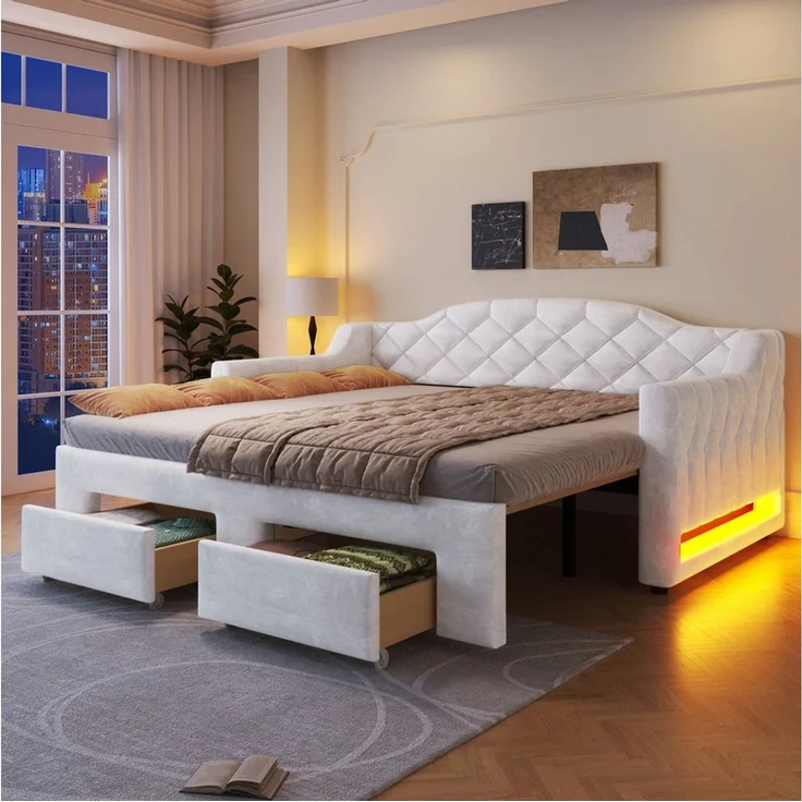 SOFTWEARY Schlafsofa mit Ausziehbett und Stauraum, mit Lattenrost und RGB LED-Streifen, Liegefläche erweiterbar, Polsterbett, Einzel- oder Doppelbett, Tagesbett, Daybett, Samt – Bild 1