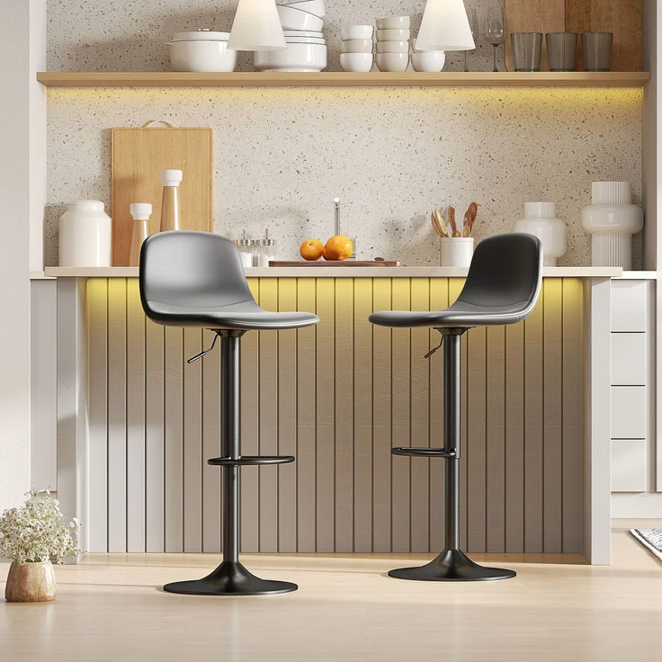 2er-Set Barhocker, Barstühle mit Kunstlederbezug, drehbar, mit Rückenlehne und Fußstütze, Metallbasis, Schwarz--Schwarz--104x44x40.5cm--YOUDENOVA – Bild 3