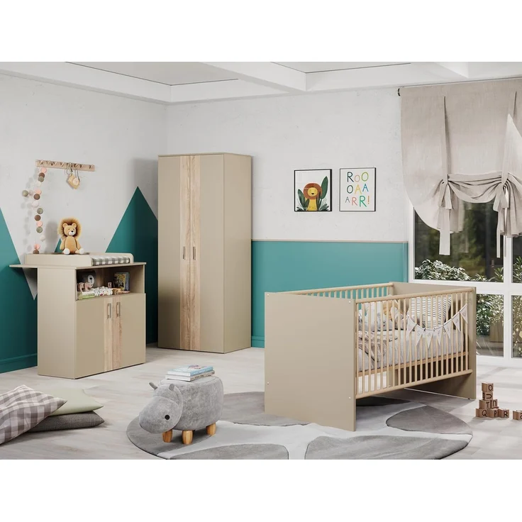 trendteam smart living - Berry - Babyzimmermöbel-Set (Wickelkommode + Kleiderschrank + Kinderbett) - Beige/Eiche Sägerau - Bett höhenverstellbar von 19 auf 51,8 cm – Bild 2
