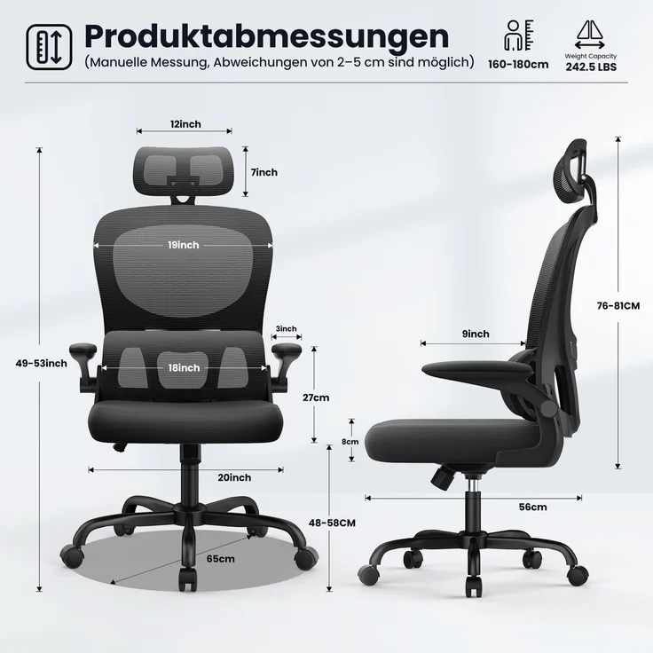 Botifly Ergonomischer Bürostuhl, Mesh-Gewebe, Schwarz, 90°-120° Wippfunktion, 10 cm Höhenverstellbar – Bild 2