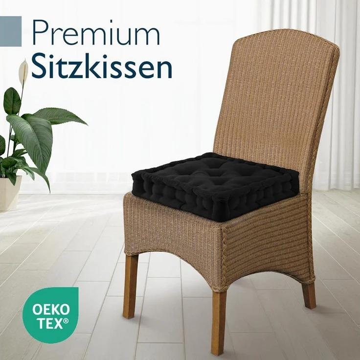 Beautissu Stuhlkissen 4er Set Bodenkissen Sitzkissen Mila, 50x50cm, Schwarz, Matratzenkissen 10cm, 100% Baumwolle Stuhlkissen Indoor & Outdoor – Bild 2