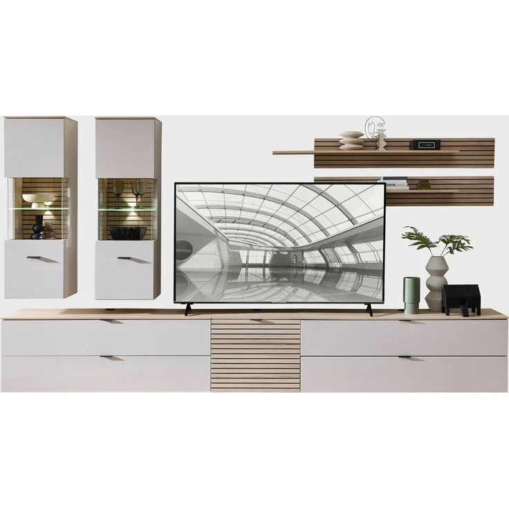 Stella Trading INA Wohnwand Komplett-Set in Kaschmir, Riva Eiche Optik FSC-Zertifiziert - Moderne Schrankwand 7-teilig mit LED-Beleuchtung für Ihr Wohnzimmer - 340 x 185 x 44 cm (B/H/T) – Bild 5