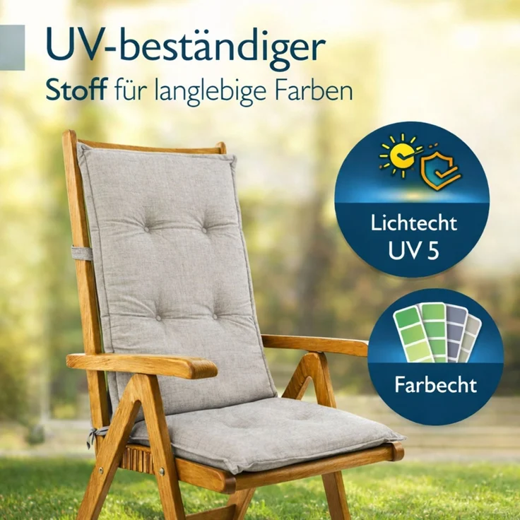 BURI 2x Hochlehner Auflage 117x49x6 cm - wetterfeste Gartenstuhlauflage mit Schaumkern & Vollvlies, Halteband & Bindebänder, bequemes Stuhlpolster für Balkon, Terrasse & Garten (Grau) – Bild 5