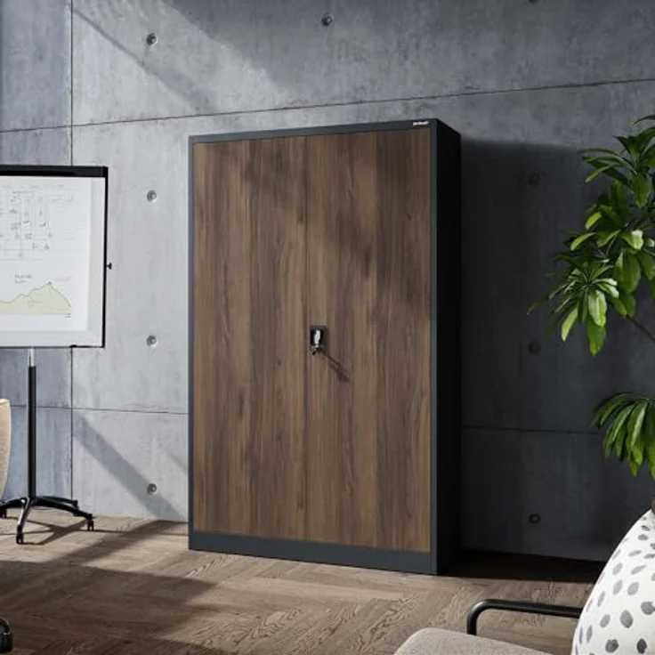 Jan Nowak Aktenschrank Metall 185 x 115 x 40 cm Büroschrank abschließbar Stahlschrank mit 4 verstellbaren Einlegeböden Dokumentenschrank Antrazit Nussbaum – Bild 2