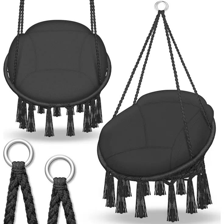 tillvex Hängesessel Schwarz mit großem Kissen 200kg zum Aufhängen | Hängestuhl Indoor & Outdoor | Hängekorb wetterfest | Schaukelkorb