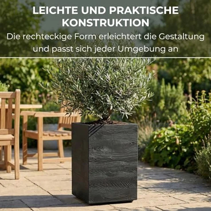 LAMELA Pflanzkübel mit Rollen Höhe 60 cm, 36L – Blumentopf aus Kunststoff in Holzoptik – Übertopf mit Wasserablauf – Modern für Innen & Außen - Wetterfest & Pflegeleicht, Schwarz – Bild 5