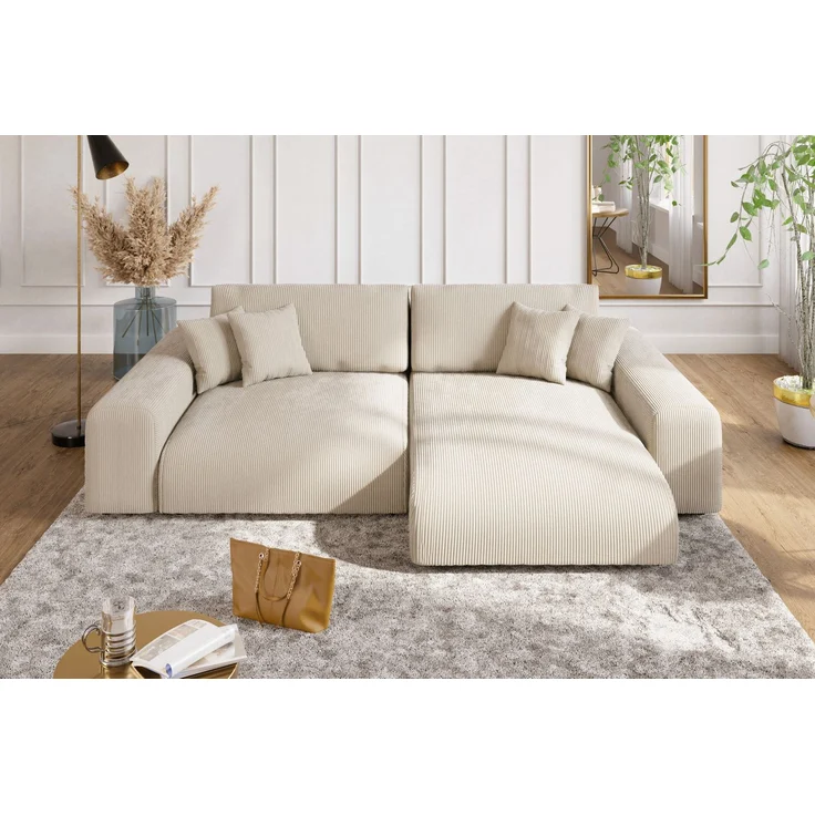 Ecksofa Schlaffunktion ausziehbar Bettkasten Polsterecke L-Couch in Cord Beige – Bild 2