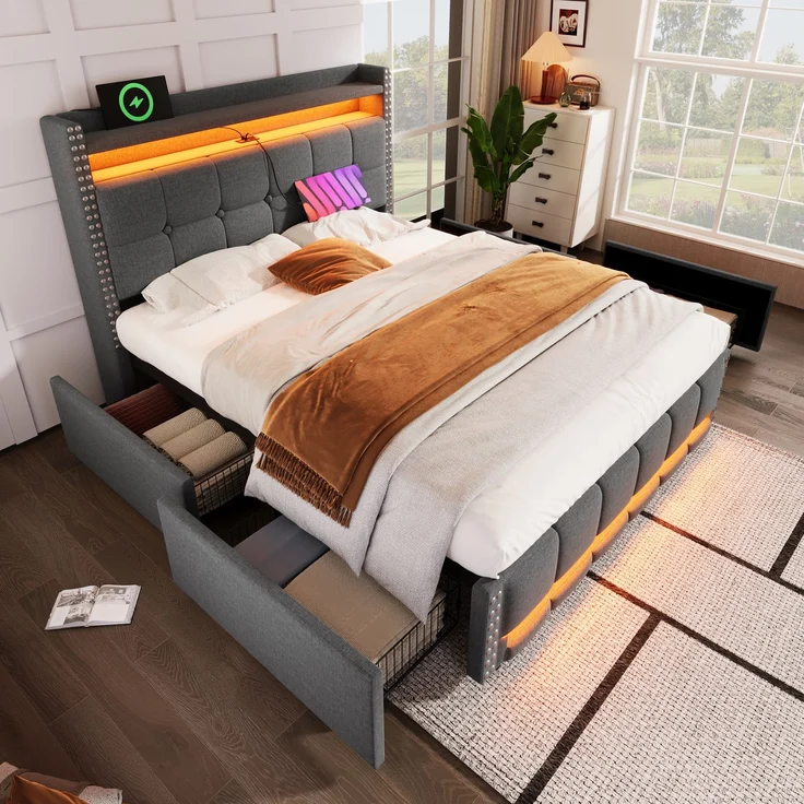 Polsterbett 140x200 mit LED-Beleuchtung, USB-Anschluss & Stauraum, graues Leinenbett mit Schublade,inklusive Taschenfederkern – Bild 7