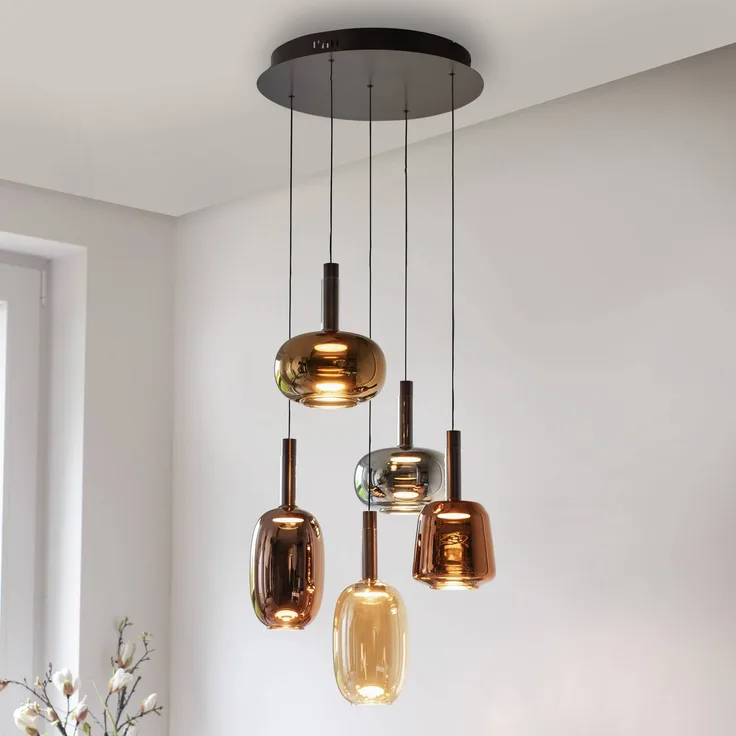 Paul Neuhaus LED-Hängelampe Irides, Ø 55 cm, fünfflammig, höhenverstellbar, buntem Glas, mit Dimmer und Memory-Funktion