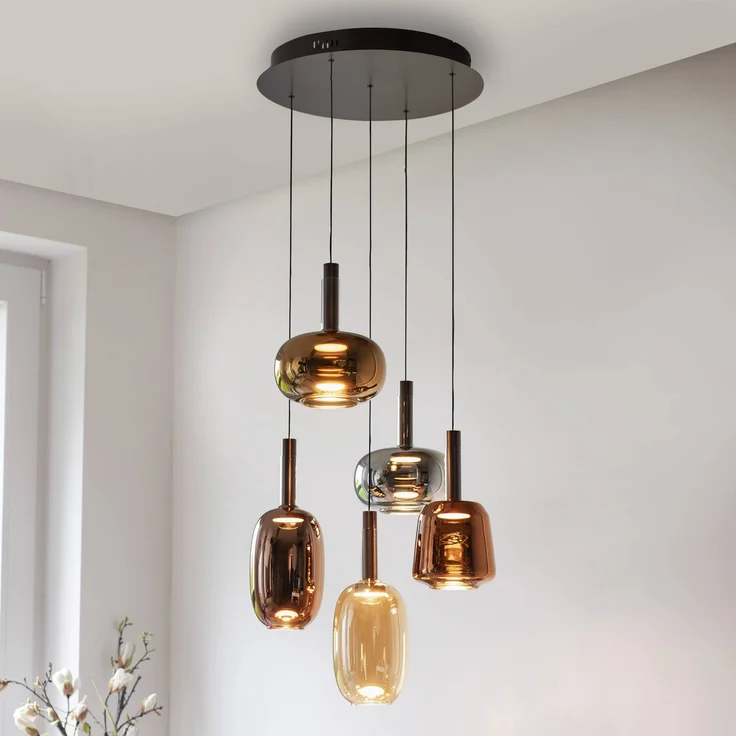 Paul Neuhaus LED-Hängelampe Irides, Ø 55 cm, fünfflammig, höhenverstellbar, buntem Glas, mit Dimmer und Memory-Funktion