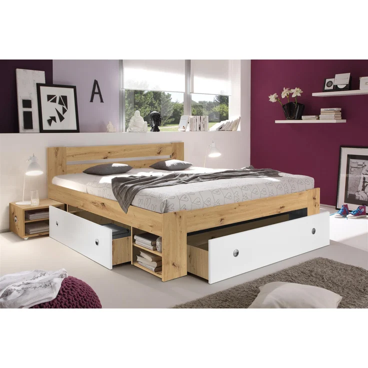 Stauraumbett >Robina< in Artisan Eiche Nachbildung / Weiß - 145x86x204cm (BxHxT) – Bild 2
