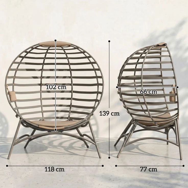 Papasansessel Gartenstuhl Korb-Stuhl mit Kissen oval Loungesessel Korb faltbar 118 x 77 x 139 cm--Sand--139x77x118cm--YOUDENOVA – Bild 5