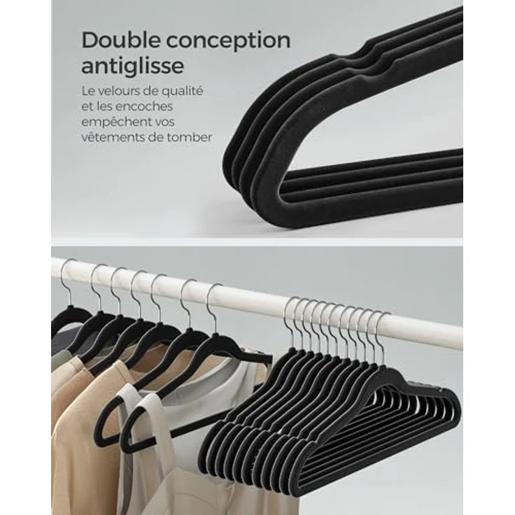 SONGMICS Kleiderbügel Samt, 100er Set, Bügel, Jackenbügel, 41,5 cm breit, Anzugbügel, dünn, gut belastbar, um 360° drehbarer Haken, für Mäntel, Hemden und Anzüge, Schwarz/Weiß CRF026B100 – Bild 4