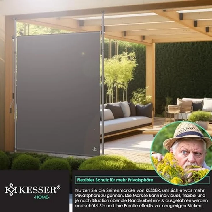 KESSER® Klemmmarkise Senkrechtmarkise außen Ausziehbar & Blickdicht | Vertikalmarkise mit Handkurbel ohne Bohren | Balkon-Sichtschutz & Windschutz für Garten & Terrasse Wasserfest Anthrazit, 200 x 310 cm – Bild 5