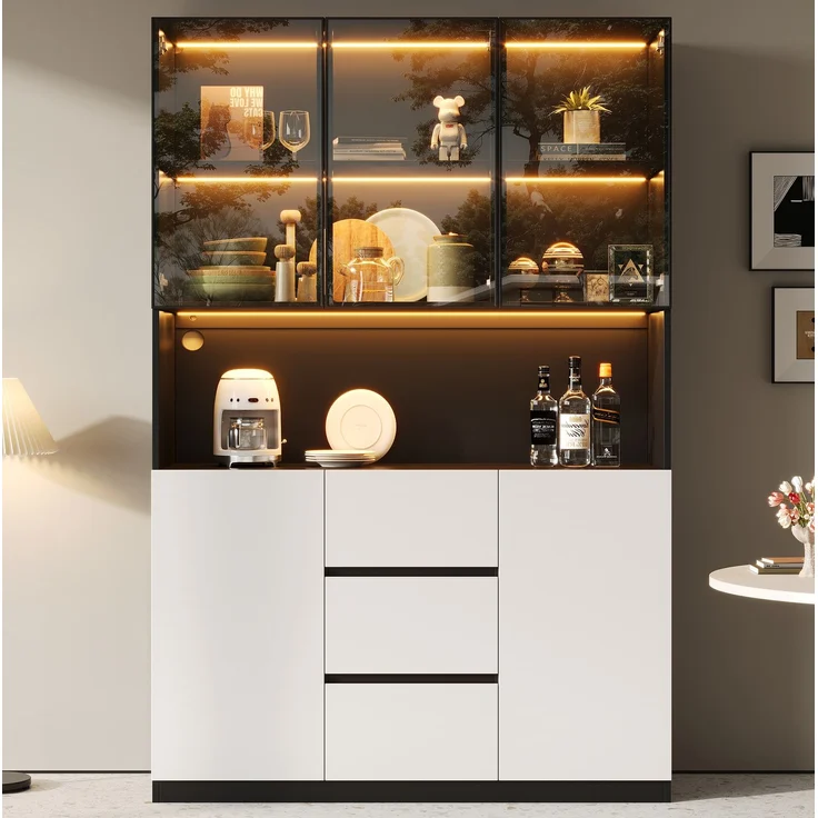 Glasvitrine mit LED-Beleuchtung, 120x40x200 cm, Schwarz, mit offenen Fächern und 3 Schubladen – Bild 3