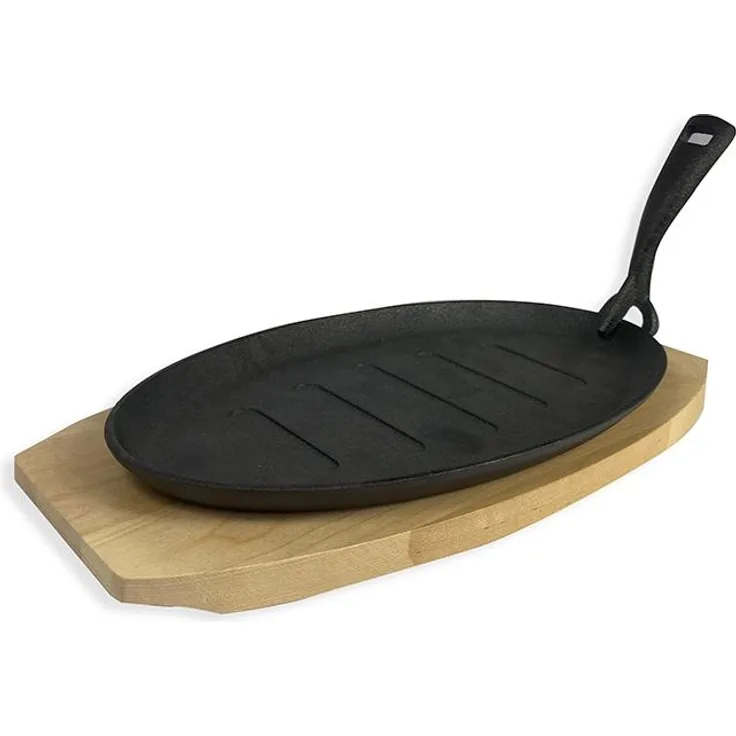 4x BBQ Gusseisen Servierpfanne Holzunterlage abnehmbarer Griff Grillgusseisen Servierpfännchen BBQ Pfanne Brutzelpfännchen Eisenpfanne Guss Grillpfanne Cast Iron 35, 27 x 17,5 x 2 cm