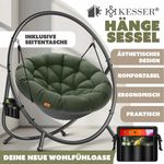KESSER® Hängesessel mit Gestell BALI Hängeschaukel Hängestuhl bis 150kg für Indoor und Outdoor + Kissen & Seitentasche Hängekorb Stahlgestell & Schaumstoff Sitzpolster ideal für Wohnzimmer & Garten Grün