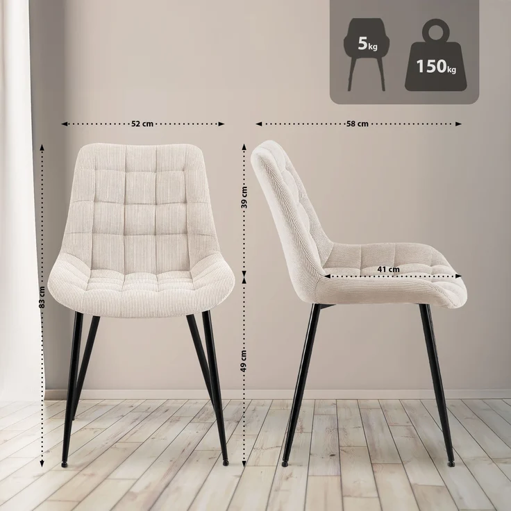 CLP Esszimmerstuhl Sardna Cordbezug gepolstert mit Rückenlehne,creme – Bild 2