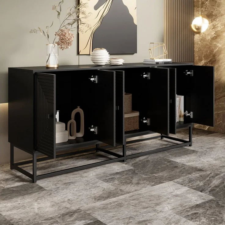 MODFU Lowboard Sideboard 160x75,5x38 cm mit 3 Doppeltüren, matt-schwarz (Packung, 1 St, rei große Doppeltürfächer, mit hochwertigen Scharnieren), Großem Stauraum und Matt-Oberfläche,Solider Rahmen – Bild 2