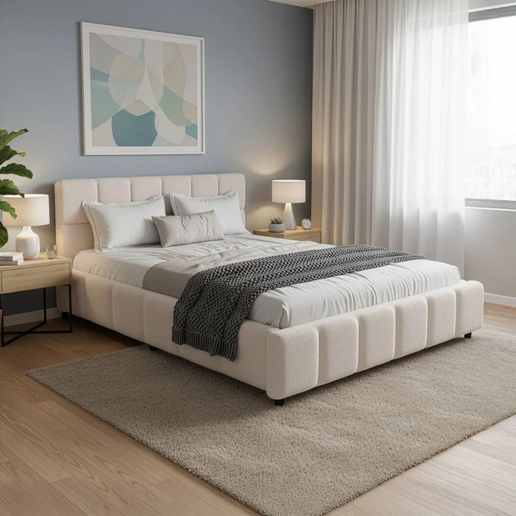 Juskys Polsterbett Florenz 140 x 200 cm – Bouclé, modernes Bett mit Kopf- & Fußteil, stabilem Holz- & Metallrahmen, Lattenrost, 500 kg Tragkraft – Creme – Bild 1