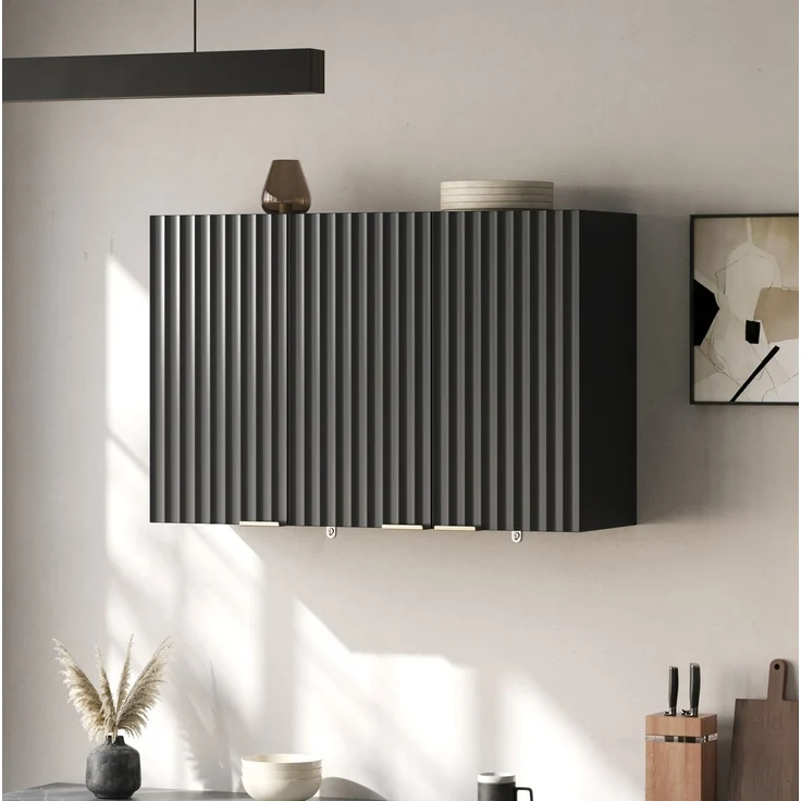 Küchen-Wandschrank 90 x 29 x 60 cm in Schwarz mit 3 Türen und strukturierten Fronten – Bild 3