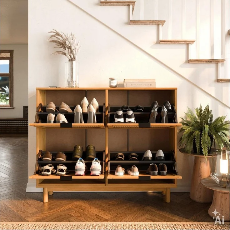IDIMEX Schuhkipper CEFIRA, Schuhschrank schmal mit 4 Klappen und Rattangeflecht Eiche Finish – Bild 3