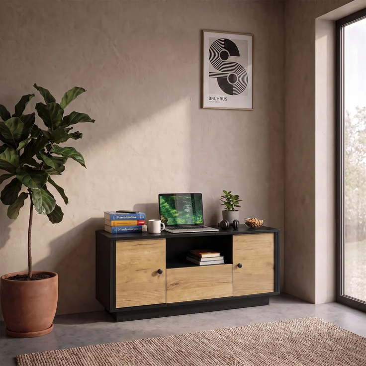 Couchtisch 100 x 50 x 45 cm, mit Schubladen, mit Ablagefächern, aus Spanplatte, Mattschwarz / Naturfarben – Bild 2