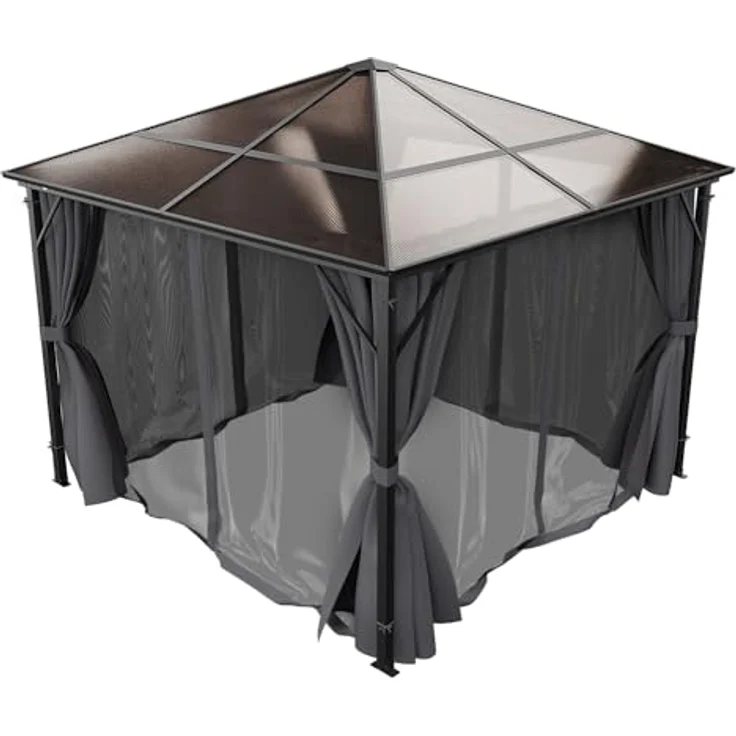 GARMIO Pavillon Rom, 3x3m, schwarze Überdachung mit Vorhang und Mückennetz, Metallgestell, wasserdicht, UV-Schutz, 2,7m Höhe, Polycarbonat Platten – Bild 4