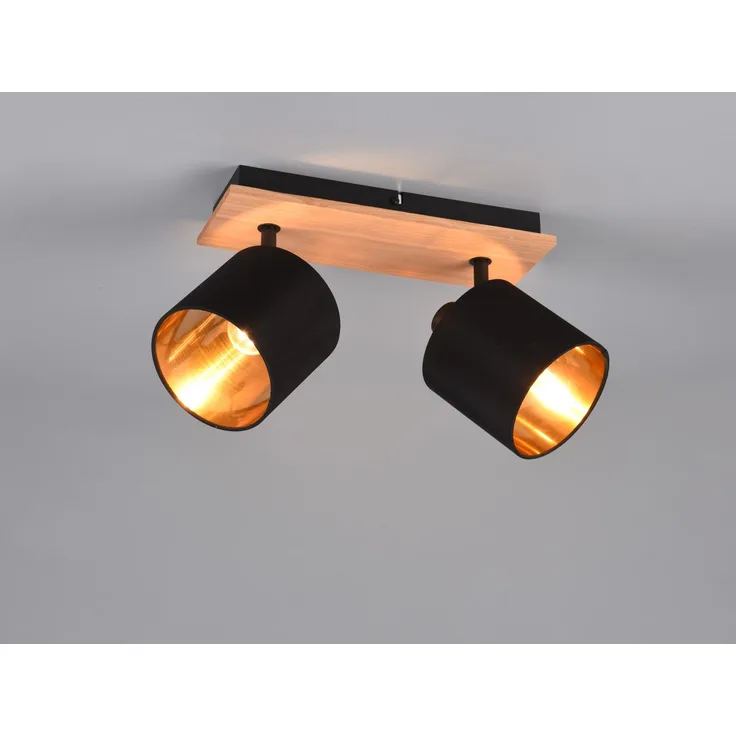Deckenstrahler TOMMY 2-flammig Holz, Stoffschirme Schwarz Gold, Breite 28cm