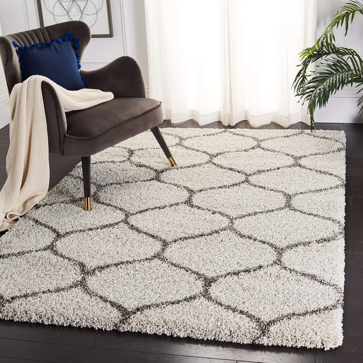 SAFAVIEH Zottelig Teppich für Wohnzimmer, Esszimmer, Schlafzimmer - Hudson Shag Collection, Hoher Flor, Elfenbein und Grau, 91 X 152 cm