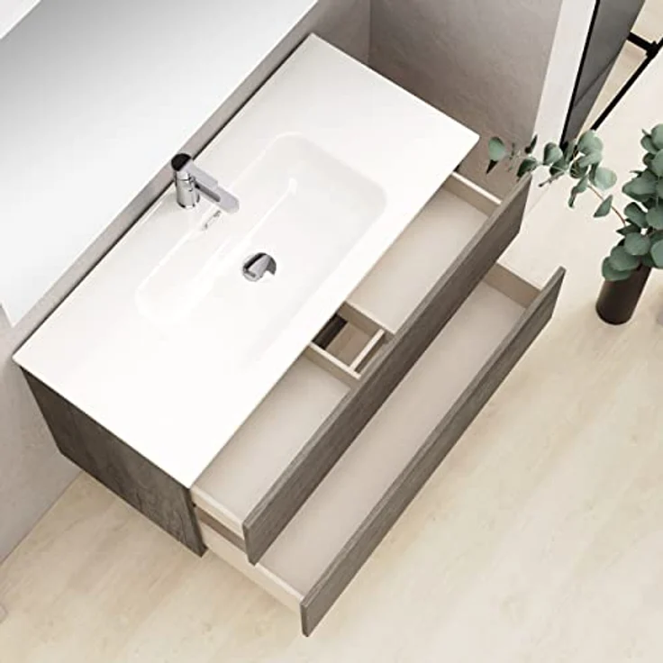Baikal Badezimmerschrank, Zwei Schubladen, Wandmontage, mit Waschbecken, Melamin 16, montiert, Möbel 90 cm, Nebraska, ohne Spiegel – Bild 4