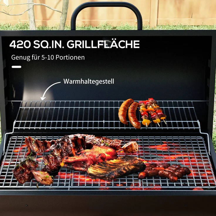 JARDJ Holzkohlegrill aus Metall BBQ Smoker mit Deckel Thermometer Räder Grillwagen 95x71,5x102 cm Schwarz – Bild 6