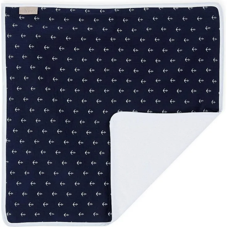KraftKids Wickeltischunterlage Musselin dunkelblau Anker, Windelmatte aus 100% Baumwolle, wasserundurchlässige Reise-Wickelunterlage