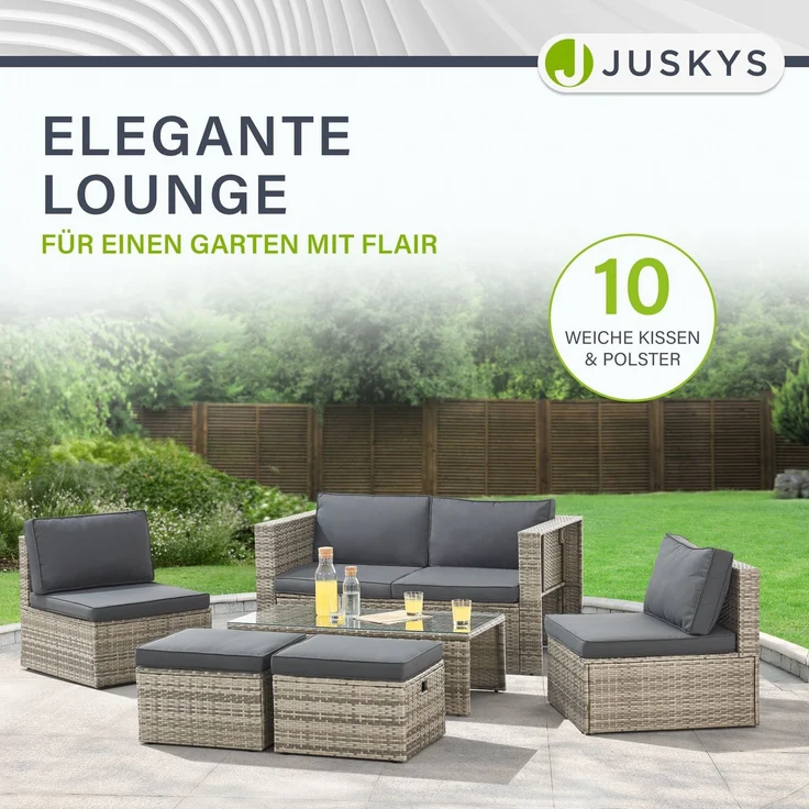 Juskys Polyrattan Gartenmöbel Set Salou - Outdoor Lounge wetterfest 6 Personen - Sitzecke mit Tisch & Kissen für Garten, Balkon, Terrasse - Grau – Bild 5