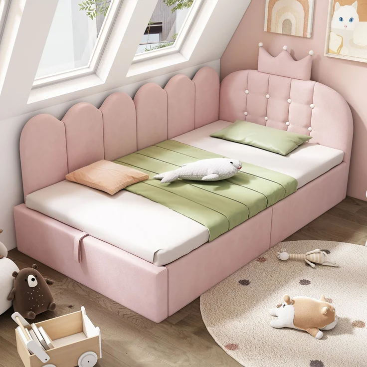 Merax Einzelbett 90x190 cm, Kinderbett, Polsterbett, Daybett, Tagesbett-Schlafsofa mit Stauraum (hydraulisch), Gästebett L-Form Samt, Rosa – Bild 7
