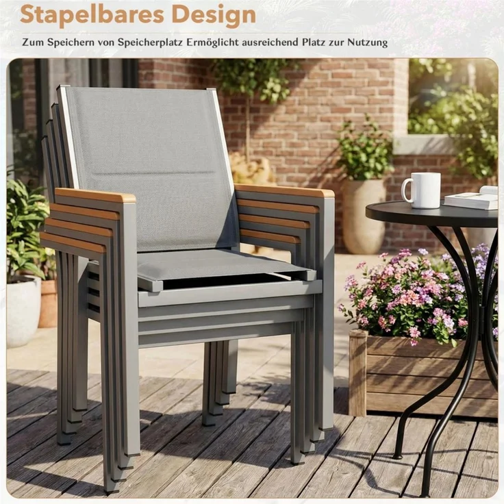 TLGREEN Stapelstuhl 2/4er Set Esszimmerstuhl mit Gesteppte Rückenlehne & Sitzfläche, (2 St), WPC Handlauf, für Terrasse, Balkon, Terrasse, Pool, Restaurants – Bild 3