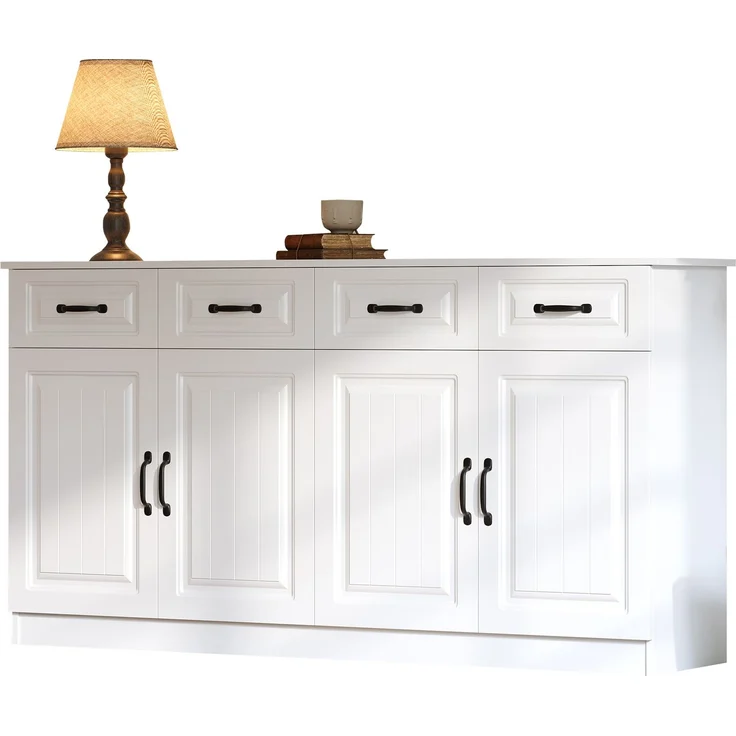 Merax 160cm Weißes Sideboard, Kommode aus MDF mit 4 Schubladen und 4 Türen, 2 Ablageflächen, geriffeltem Design und 8 Metallgriffen – Bild 10