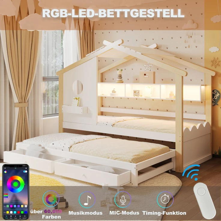 Merax Kinderbett, Jugendbett, 90x200cm, mit Ausziehbett 90x190cm, mit 2 Schubladen, mit USB- und Typ-C-Ladeanschlüssen und LED, mit Einlegeböden, Weiß + Natur – Bild 2