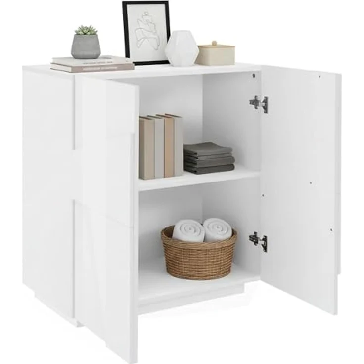 Dmora - Kommode Raoul, Küchen-Sideboard mit 2 Türen, Wohnzimmer-Buffet, 100 % Made in Italy, 81 x 44 x 86 cm, glänzendes Weiß, – Bild 4