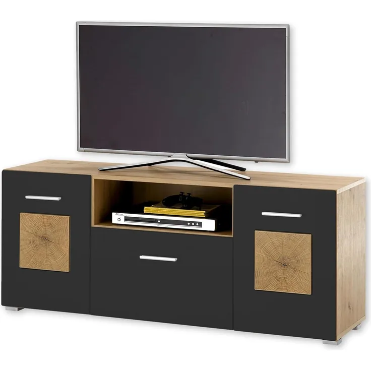 GEORGIA TV-Lowboard in Schwarz, Artisan Eiche Optik mit Hirnholz-Applikationen - Moderner TV Schrank mit viel Stauraum für Ihr Wohnzimmer - 140 x 58 x 38 cm (B/H/T)