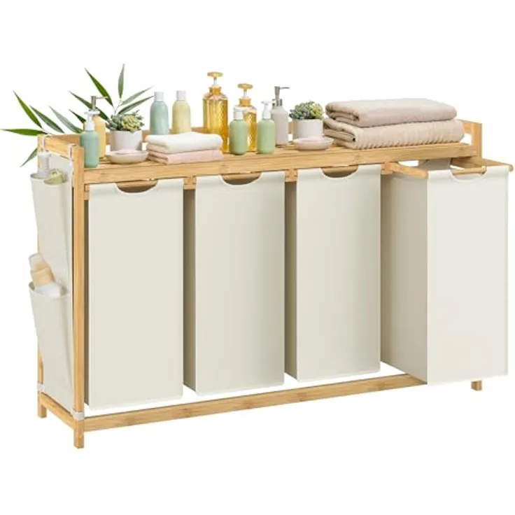 SONGMICS Wäschekorb 4 Fächer, Bambus, Wäschesammler 200 L, Wäschesortierer, mit Ablage, Wäschesack, kleine seitliche Taschen, Wäscheregal, 4 x 50 L, 124,6 x 33 x 78 cm, cremeweiß RLHDE120W01