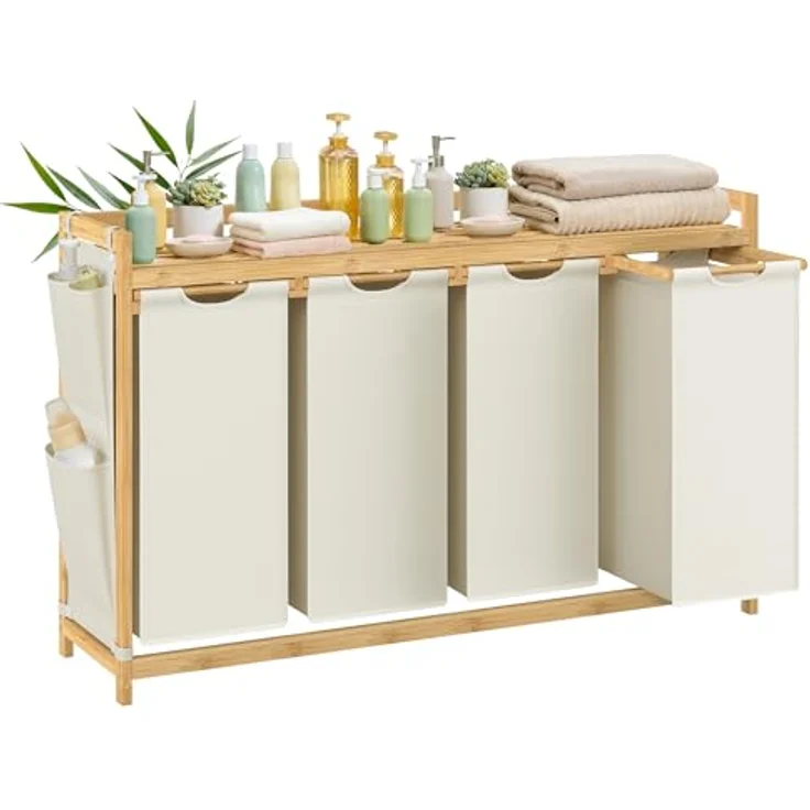 SONGMICS Wäschekorb 4 Fächer, Bambus, Wäschesammler 200 L, Wäschesortierer, mit Ablage, Wäschesack, kleine seitliche Taschen, Wäscheregal, 4 x 50 L, 124,6 x 33 x 78 cm, cremeweiß RLHDE120W01 – Bild 1
